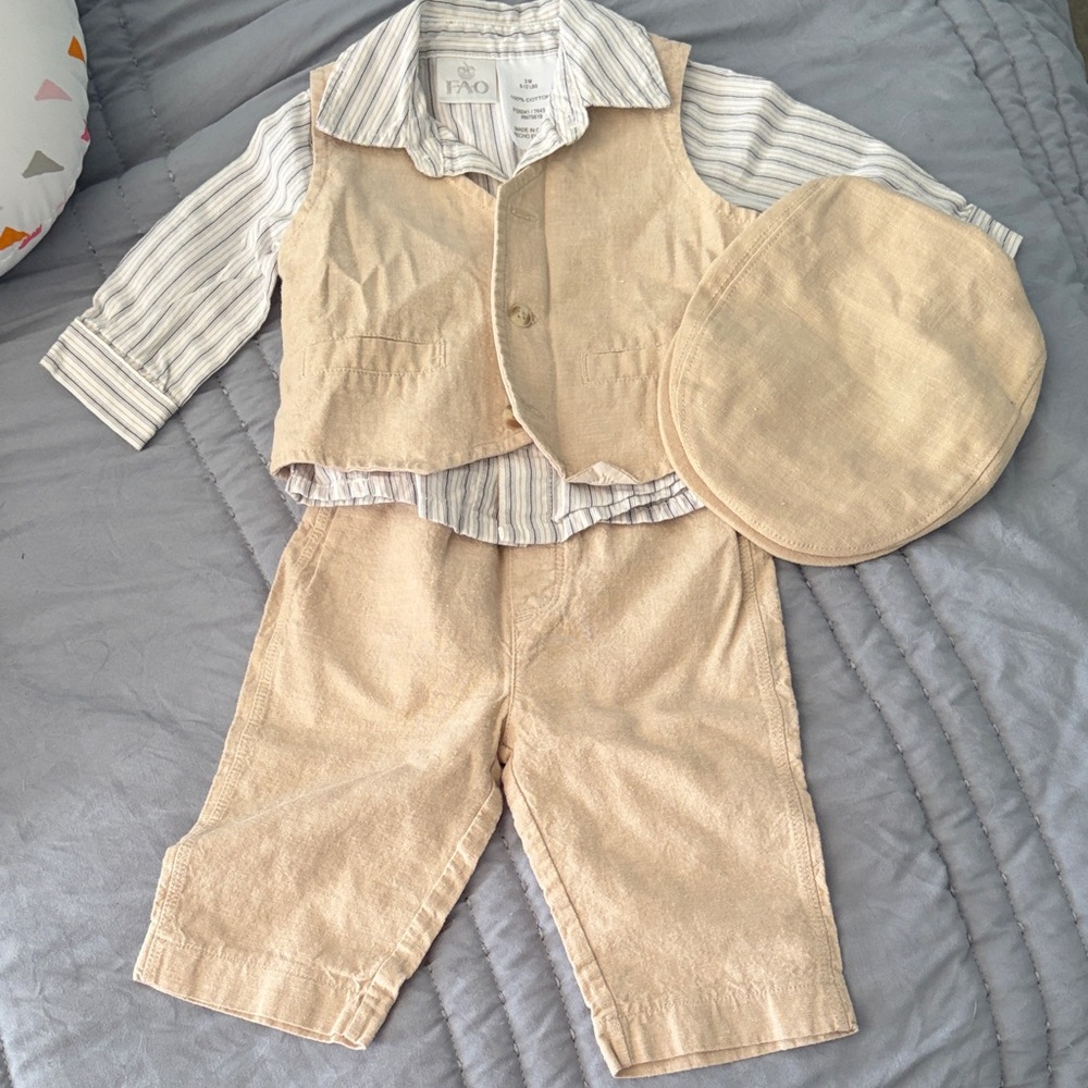 Beige Vest Set with Striped Dress Shirt and Hat